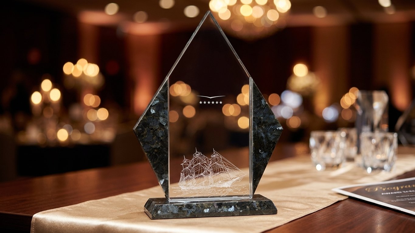 Trophée verre et granit Alpine 8⅞ po — 87/8 po · Réf. PDU-GL75856C — gravure personnalisée — Mr Trophée — 2