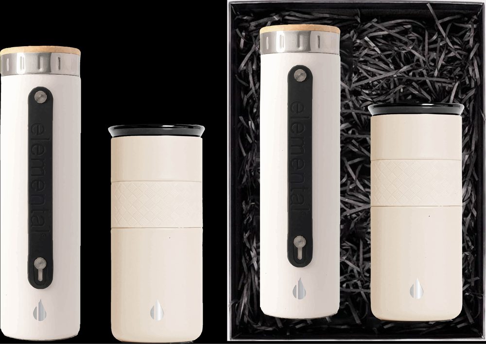 Ensemble cadeau - Élémental® 20oz. Iconic - Bouteille d'eau emblématique en acier inoxydable isolée sous vide avec passoire et Élémental® 16oz. Gobelet artisanal avec couvercle en céramique - Acier inoxydable