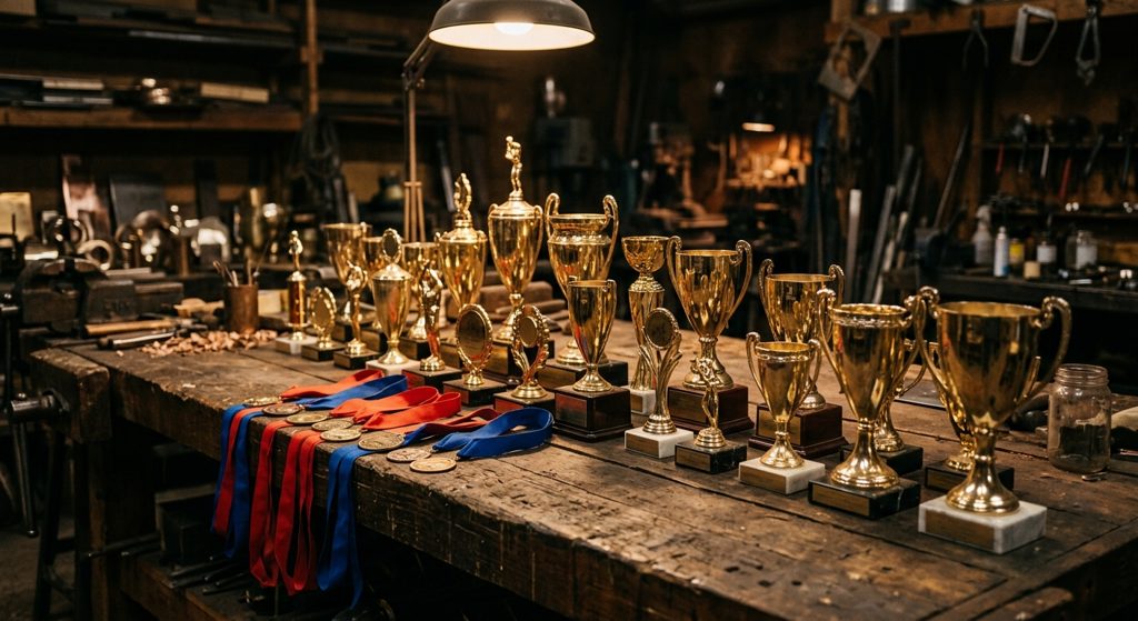 L'établi de l'atelier — coupes et médailles prêtes à graver